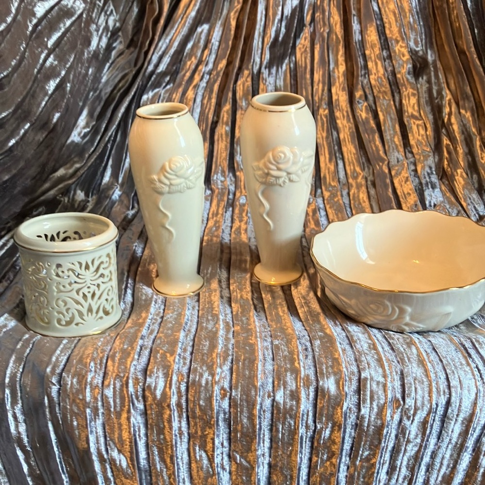 Lenox Lot - Vintage - 2 Vases, Small Bowl, & Candle Holder